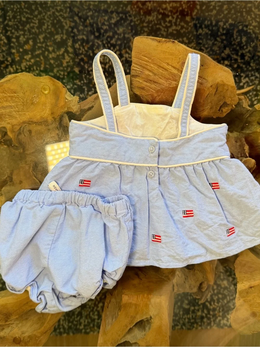 Janie and Jack Light Blue Embroidered with American Flags Two-Piece Set